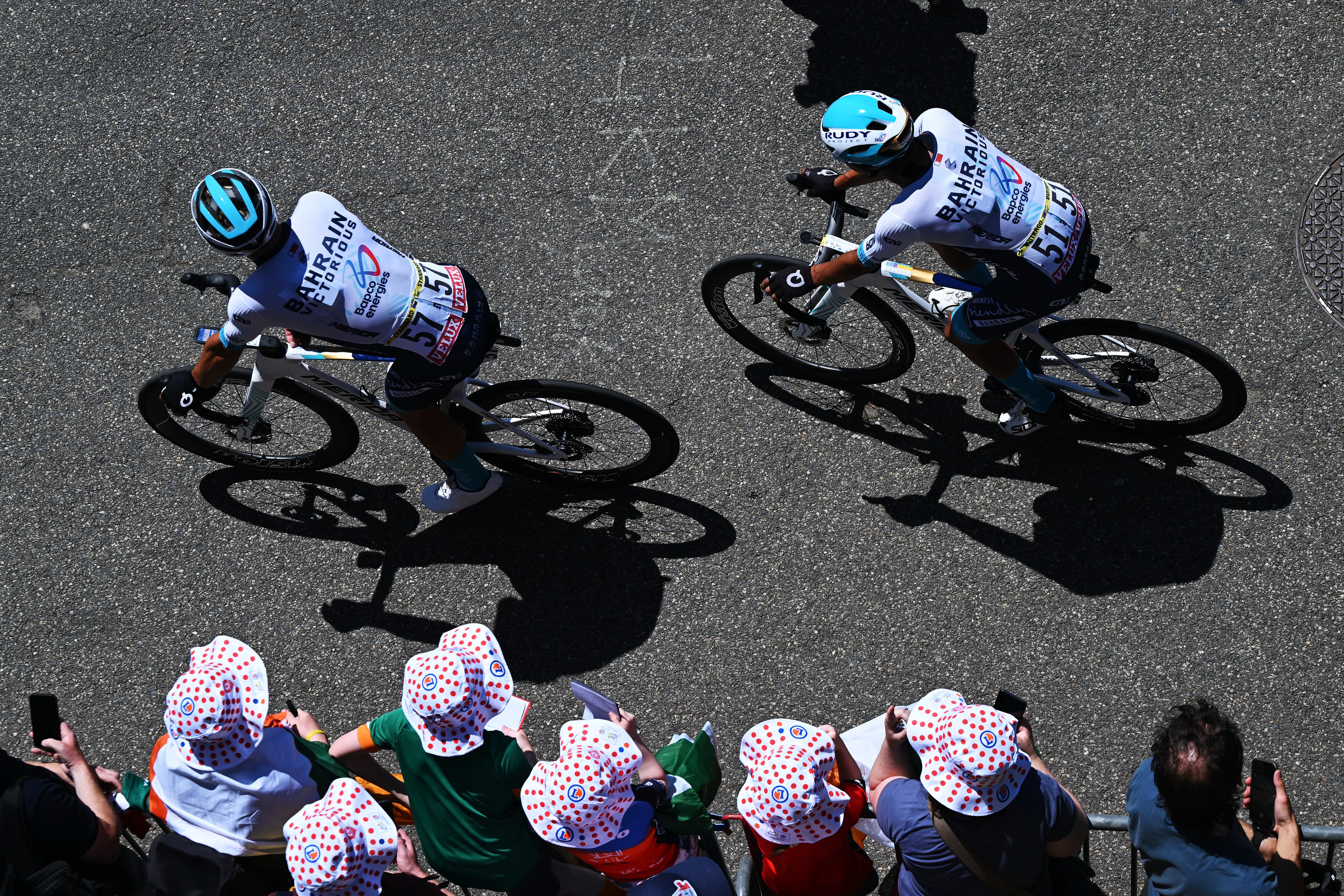 TOULOUSE, FRANCE - JULY 16: (L-R) Robert Stannard of Australia and Santiago Buitrago of Colombia and Team Bahrain - Victorious prior to the 112th Tour de France 2025, Stage 11 a 156.8km stage from Toulouse to Toulouse / #UCIWT / on July 16, 2025 in Toulouse, France. (Photo by Tim de Waele/Getty Images)