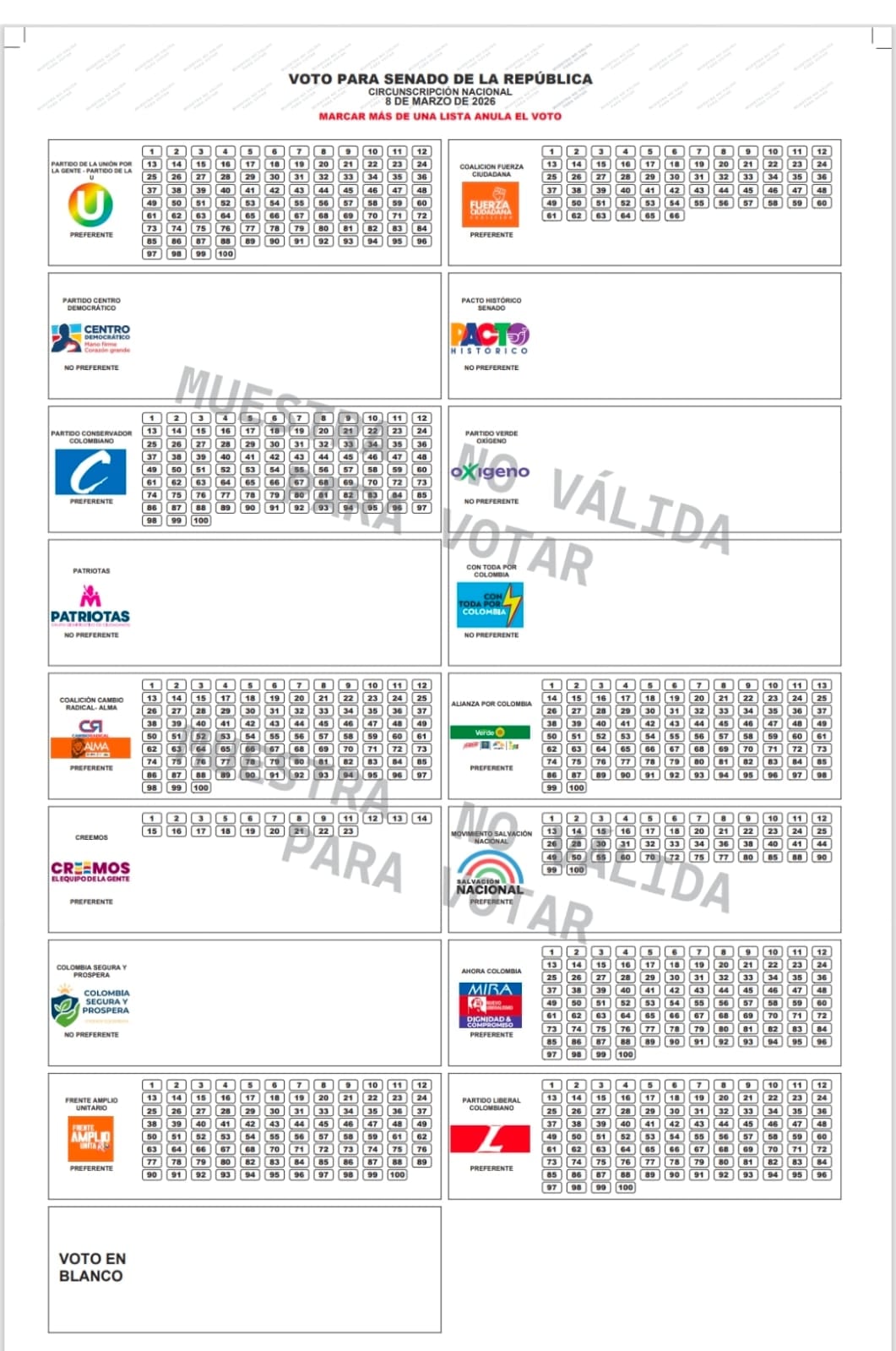 Tarjetón para votar por el Senado en las elecciones del 8 de marzo de 2026