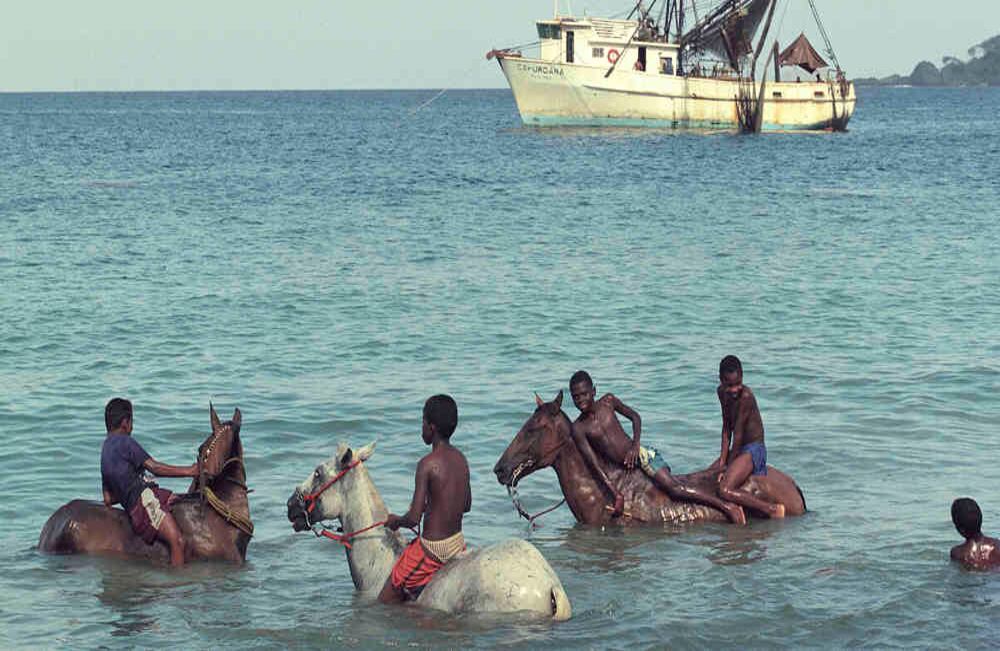 Un grupo de niños se divierte con sus “caballos de mar”. Capurganá, Acandí, Chocó, 2000. // Jesús Abad Colorado.