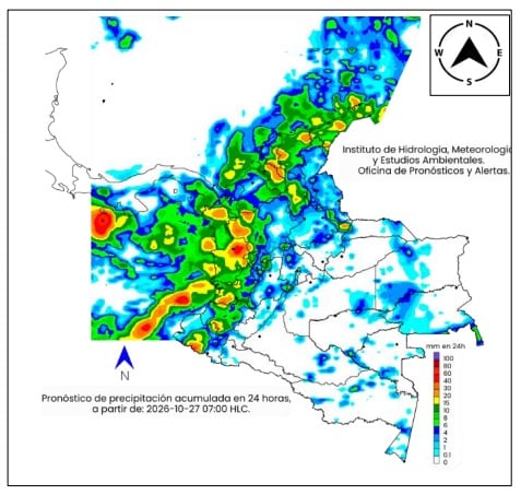 Mapa del clima en Colombia para el miércoles 18 de octubre.