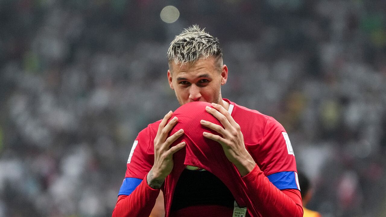 Costa Rica's Juan Pablo Vargas celebrates after scoring his side's second goal during the World Cup group E soccer match between Costa Rica and Germany at the Al Bayt Stadium in Al Khor, Qatar, Thursday, Dec. 1, 2022. (AP Photo/Matthias Schrader)
