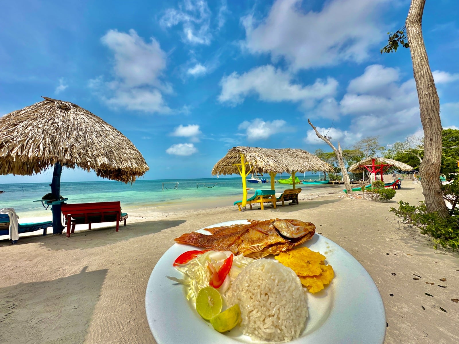Pescado frito acompañado de arroz con coco, plato típico de la región.
