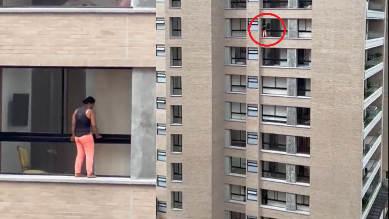 Mujer arriesga su vida tras limpiar ventadas desde el piso doce de un edificio de Medellín sin los elementos de protección.