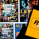 En esta ilustración fotográfica se muestra el logotipo de Rockstar Games en un teléfono inteligente con la portada de un videojuego de fondo.