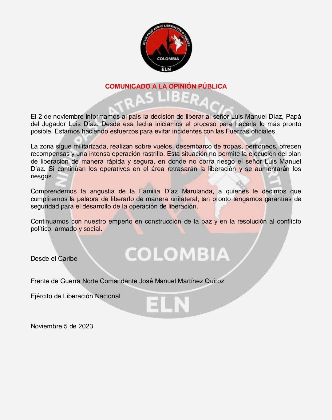 Comunicado ELN liberación Luis Manuel Díaz