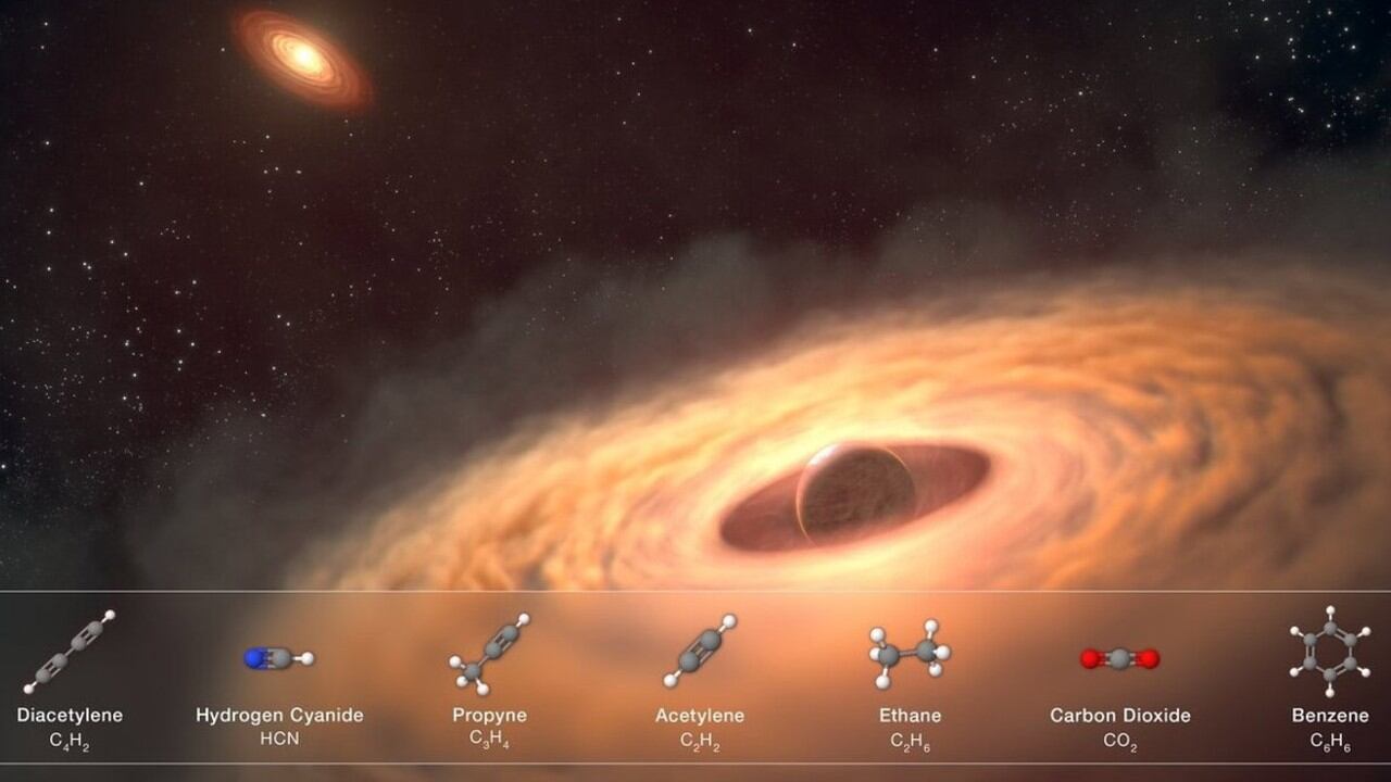 Una representación artística de un disco de polvo y gas que rodea al joven exoplaneta, CT Cha b, a 625 años luz de la Tierra.