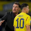 Colombia's James Rodriguez, right, enters the pitch as substitute player during a qualifying soccer match for the FIFA World Cup 2026 against Venezuela at Metropolitano stadium in Barranquilla, Colombia, Thursday, Sept. 7, 2023. (AP Photo/Ricardo Mazalan)