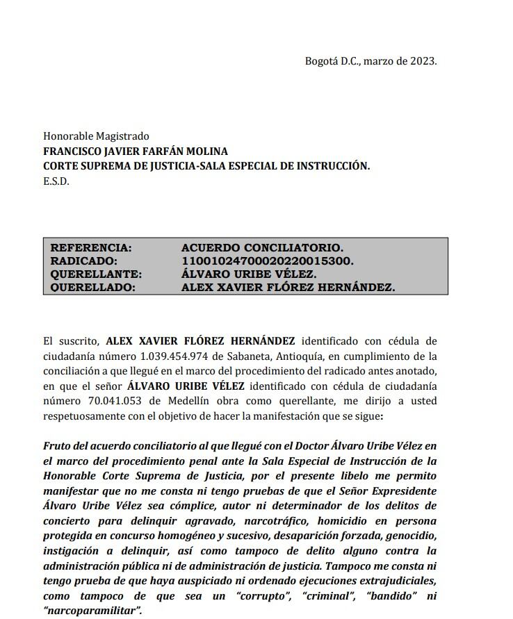 El senador Álex Flórez se retractó por las declaraciones hechas contra el expresidente Álvaro Uribe Vélez.
