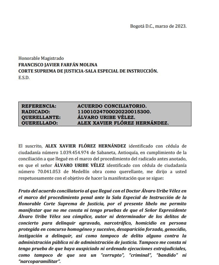 El senador Álex Flórez se retractó por las declaraciones hechas contra el expresidente Álvaro Uribe Vélez.