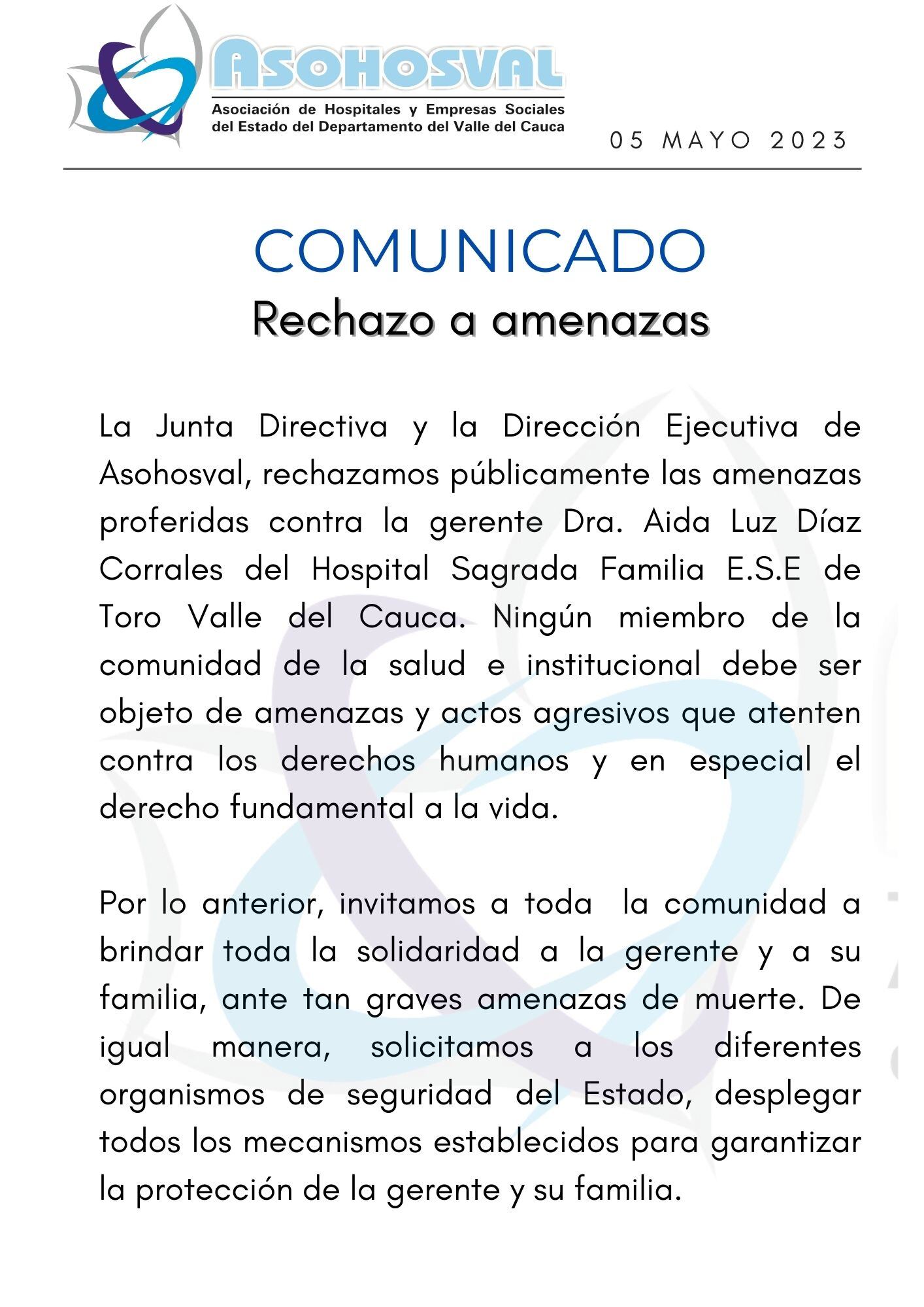 Gerente del Hospital La Sagrada Familia de Toro, Valle, denuncia que recibió amenazas de muerte; la presionan para que renuncie.