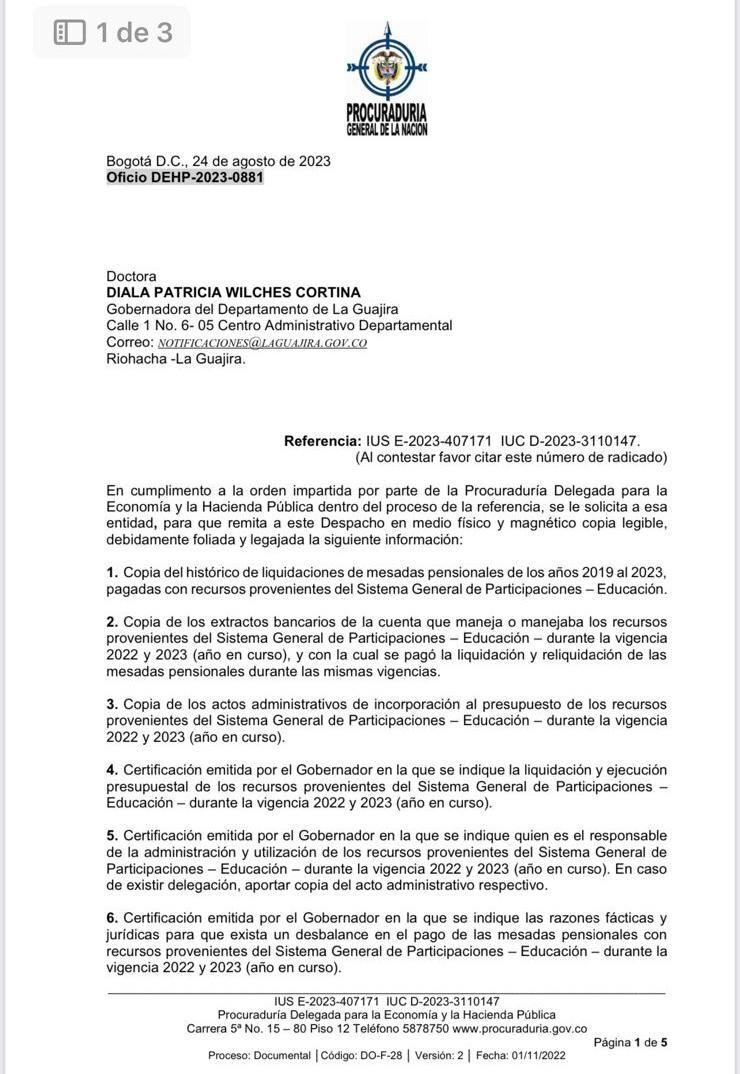 Documento de la Procuraduría enviado a la Gobernación de la Guajira.