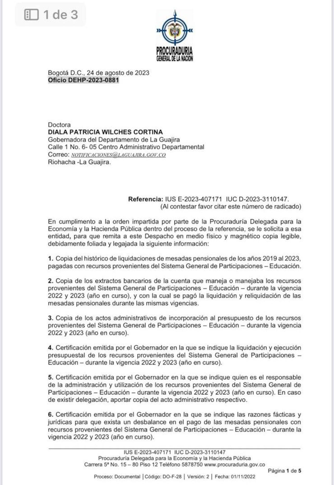 Documento de la Procuraduría enviado a la Gobernación de la Guajira.