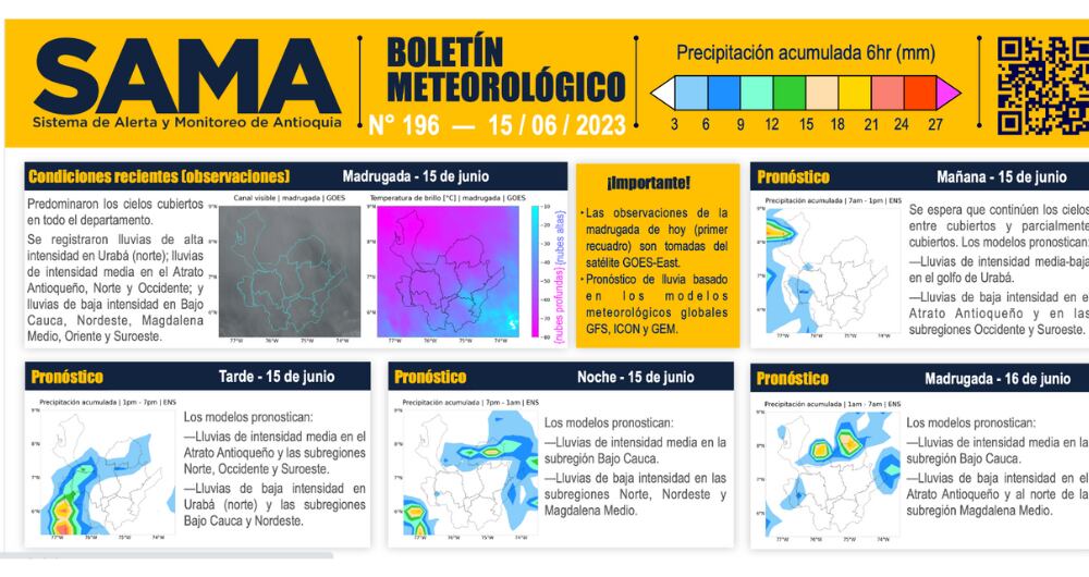 Boletín meteorológico para Antioquia este 15 de junio.