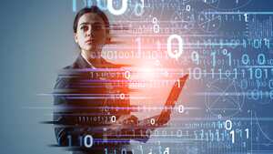 Concepto de transformación digital. Código binario. IA (Inteligencia Artificial).