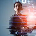 Concepto de transformación digital. Código binario. IA (Inteligencia Artificial).