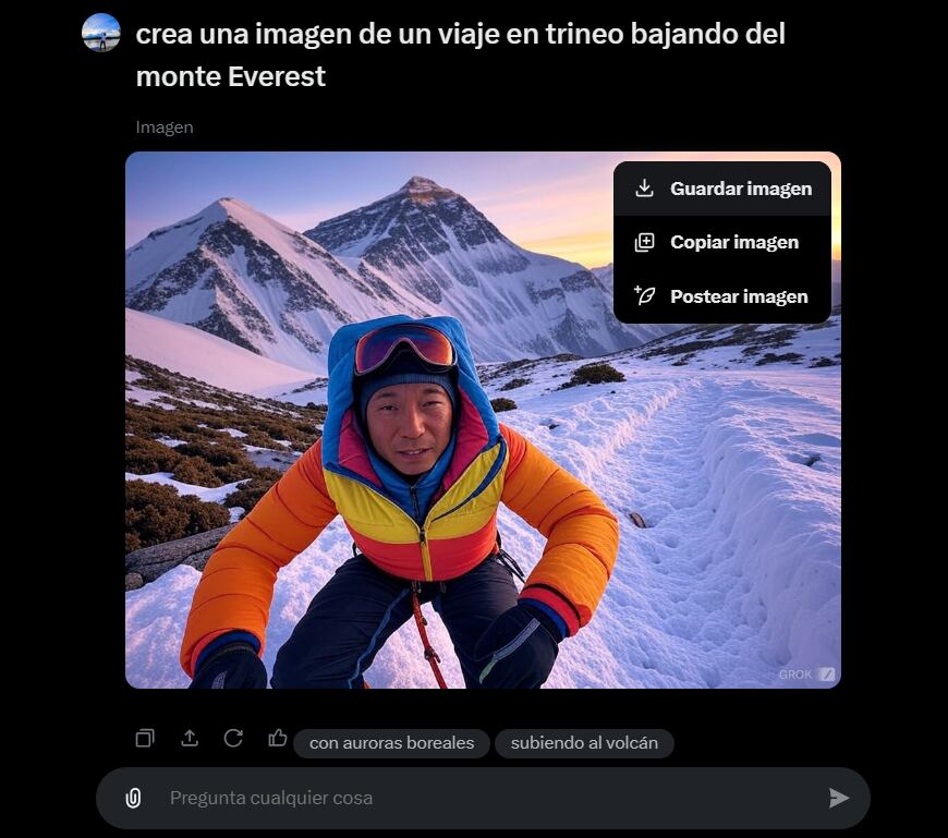 Con solo un comando, Grok genera una representación visual de un emocionante viaje en trineo bajando del monte Everest.