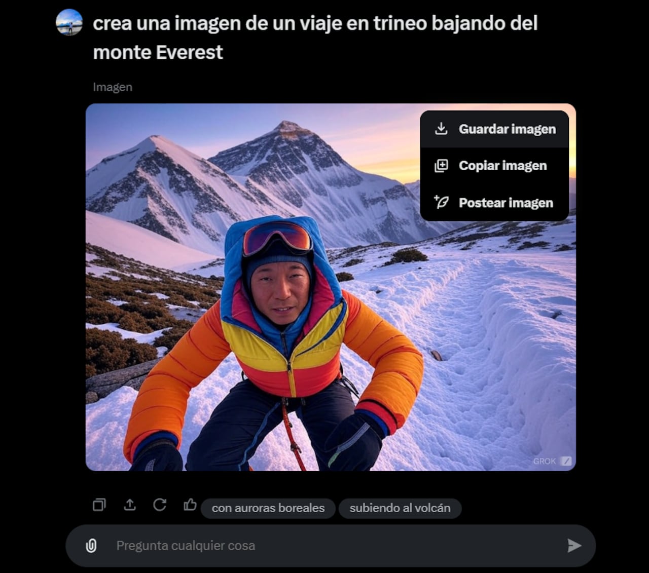 Con solo un comando, Grok genera una representación visual de un emocionante viaje en trineo bajando del monte Everest.