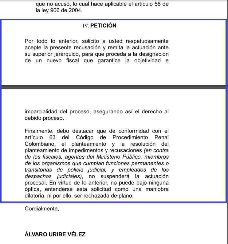 El expresidente Álvaro Uribe Vélez recusó al fiscal primero delegado ante la Corte Suprema que lo acusó por los delitos de soborno, soborno en actuación penal y fraude procesal.