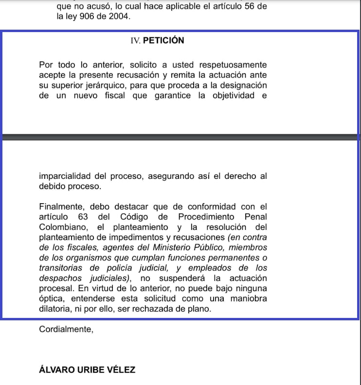 El expresidente Álvaro Uribe Vélez recusó al fiscal primero delegado ante la Corte Suprema que lo acusó por los delitos de soborno, soborno en actuación penal y fraude procesal.