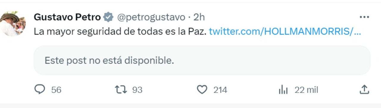 Publicación de Gustavo Petro que X bloqueó por imágenes sensibles.