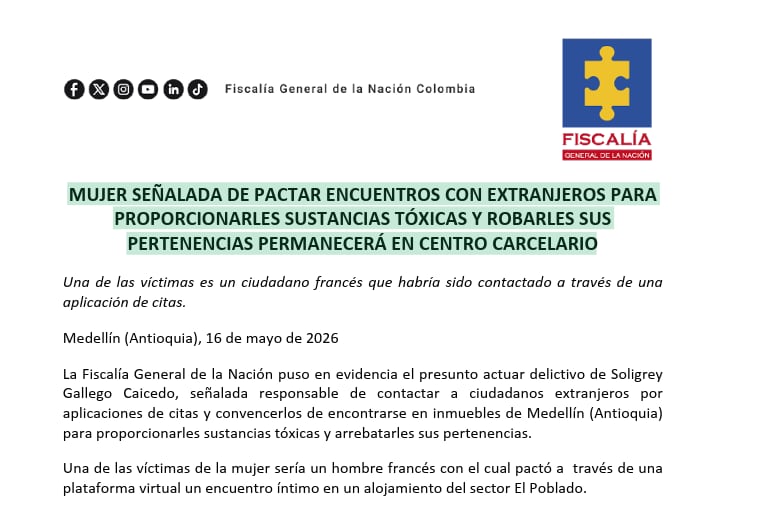 Comunicado de la Fiscalía sobre el caso de Soligrey Gallego.