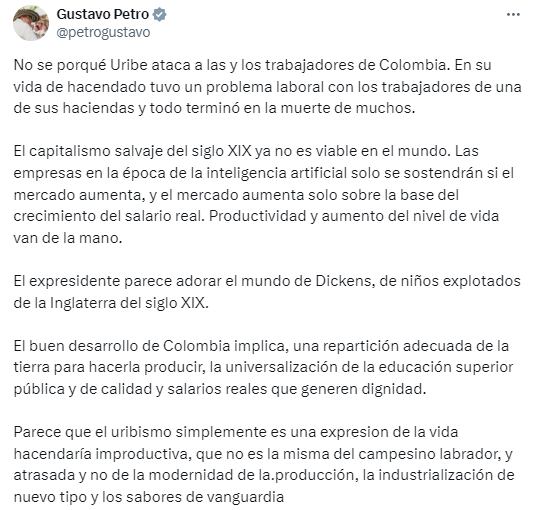 El presidente Gustavo Petro cargó contra Álvaro Uribe por oponerse a su reforma Laboral.