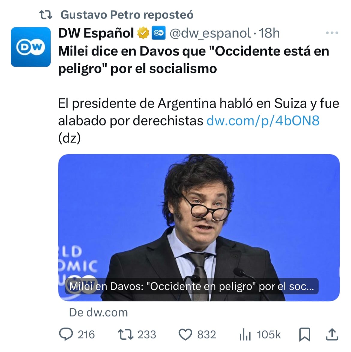 Reposteo presidente Gustavo Petro a discurso de Javier Milei