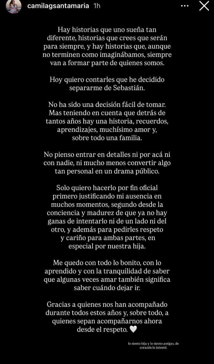 Camila Santamaría confirmó su separación de Sebastián Villalobos.