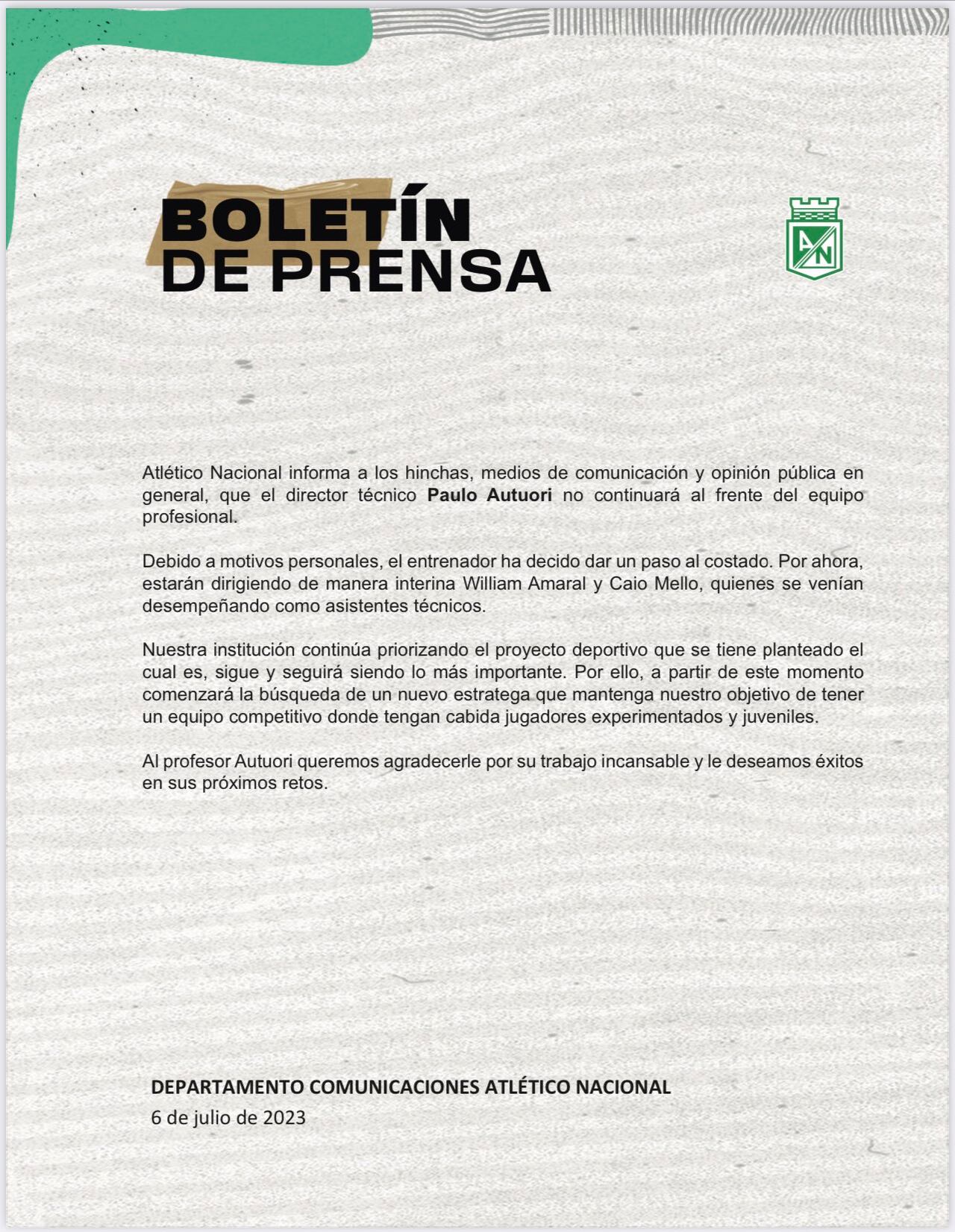 Comunicado oficial de Atlético Nacional.