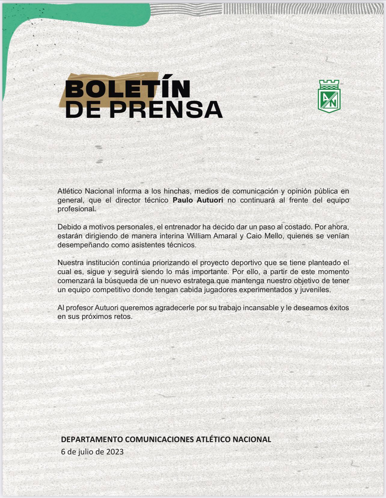 Comunicado oficial de Atlético Nacional.
