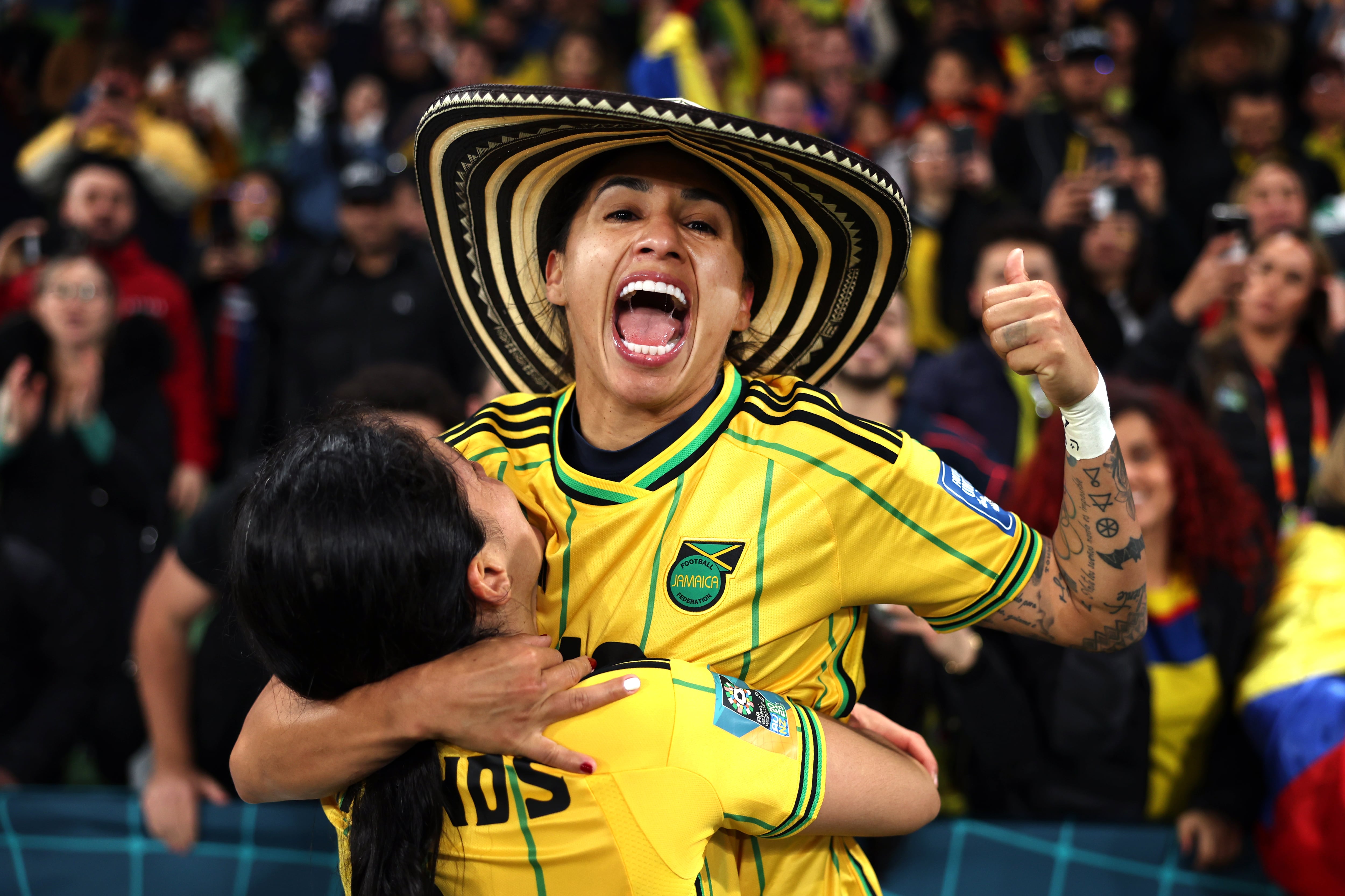 MELBOURNE, AUSTRALIA - AUGUST 08: Carolina Arias of Colombia celebrates after her team's 1-0 victory and advance to the quarter final following the FIFA Women's World Cup Australia & New Zealand 2023 Round of 16 match between Colombia and Jamaica at Melbourne Rectangular Stadium on August 08, 2023 in Melbourne / Naarm, Australia. (Photo by Alex Pantling - FIFA/FIFA via Getty Images)