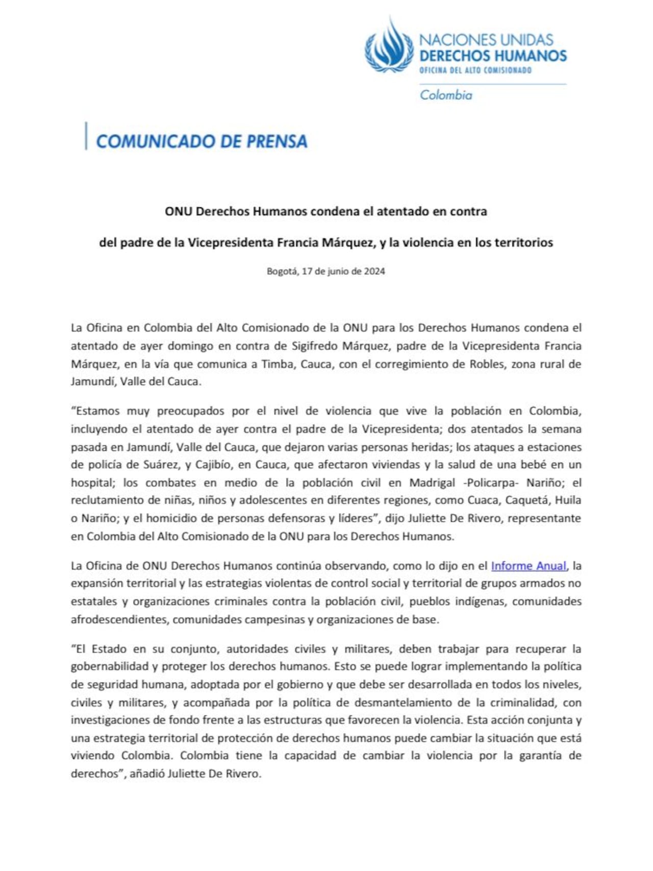 Comunicado de la ONU