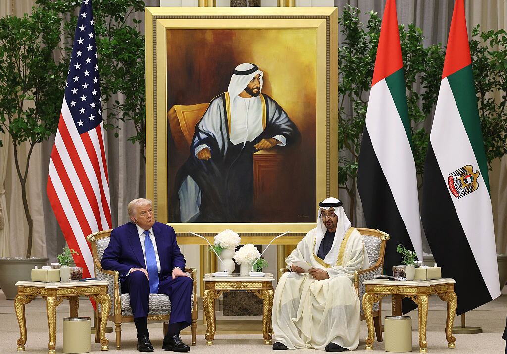 ABU DHABI, UNITED ARAB EMIRATES - MAY 15: U.S. President Donald J. Trump meets with UAE President Sheikh Mohamed bin Zayed Al Nahyan during a visit to Qasr al Watan (Palace of the Nation) on May 15, 2025, in Abu Dhabi, United Arab Emirates. Trump is on the third day of his visit to the Gulf to underscore the strategic partnership between the United States and regional allies including the UAE, focusing on security and economic collaboration. (Photo by Win McNamee/Getty Images)