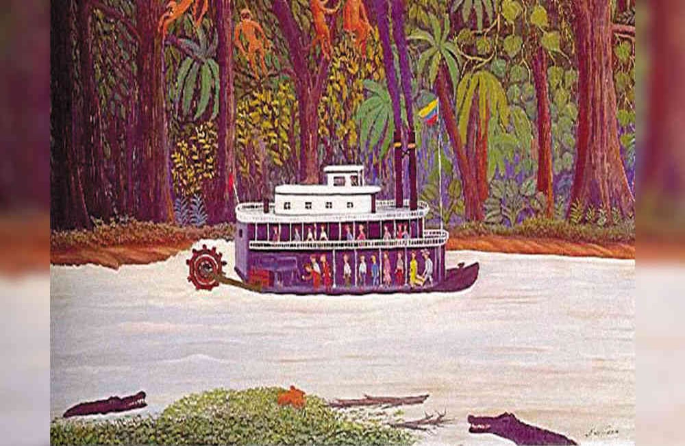 Barcos de río: Los símbolos de Colombia, como patria de la libertad, se pueden consignar en Barco Colombia de Noé León. A él, que ejerció múltiples oficios y profesiones como la de pintor y policía, le debió parecer muy sugestivo encontrar sobre el río Magdalena un barco, que como habría querido el Libertador para el país, se llamaría Colombia. Barco Colombia, Noé León, óleo sobre tabla, 1964, colección particular.