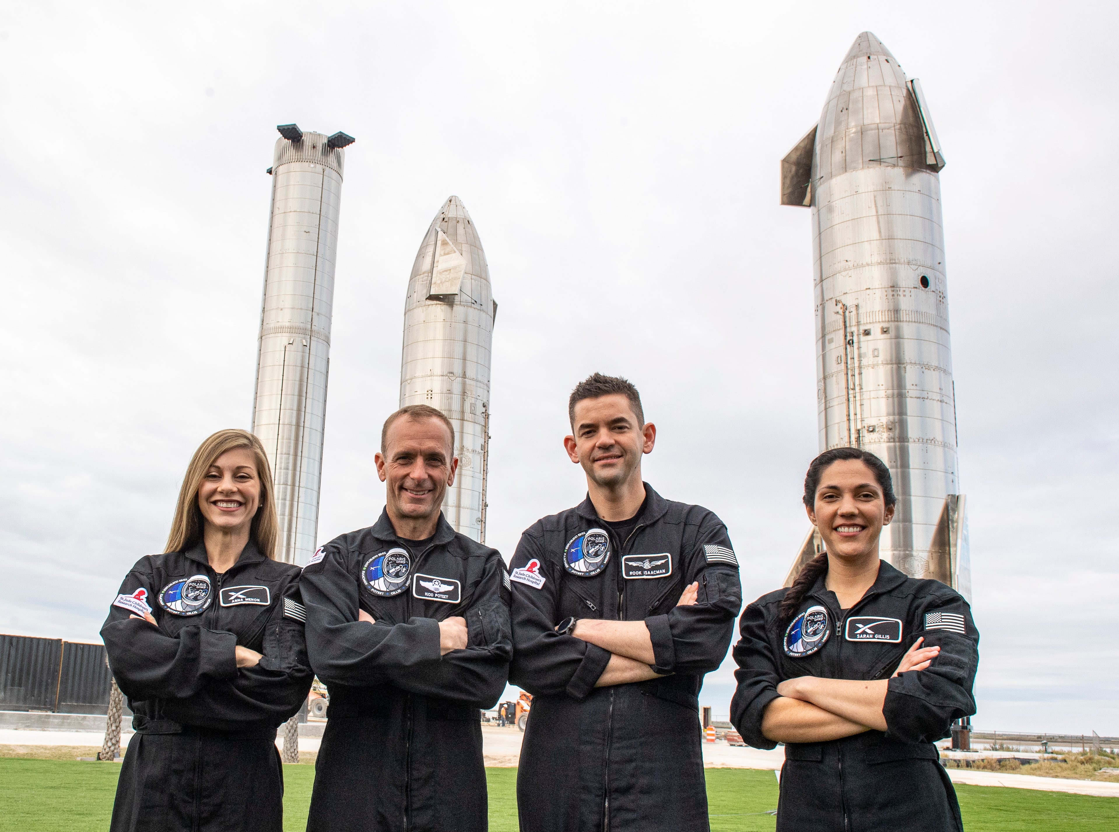 BOCA CHICA, TX - FEBRUARY 11: The Crew of the next SpaceX private astronaut flight called Polaris Dawn, (Left to Right) Anna Menon, who works to develop astronaut operations for SpaceX, Scott Poteet, who served as the mission director of the Inspiration4 mission SpaceX, Jared Isaacman, who is financing the mission and Sarah Gillis, lead space operations engineer, SpaceX.
Pose at the Starbase Complex in Boca Chica. Photo by Jonathan Newton/The Washington
