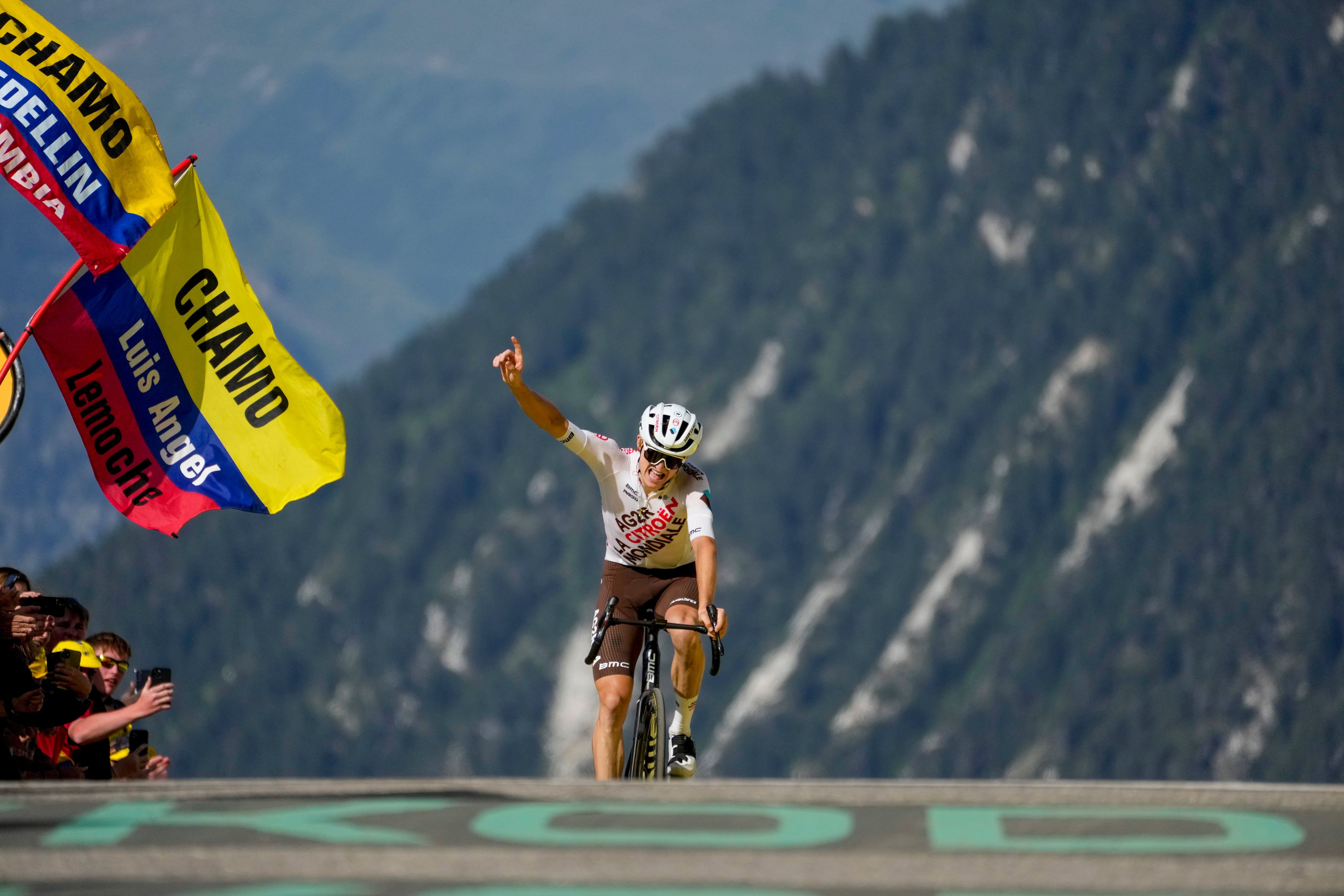 Austria's Felix Gall crosses the finish line to win the seventeenth stage of the Tour de France cycling race over 166 kilometers (103 miles) with start in Saint-Gervais Mont-Blanc and finish in Courchevel, France, Wednesday, July 19, 2023. (AP Photo/Thibault Camus)