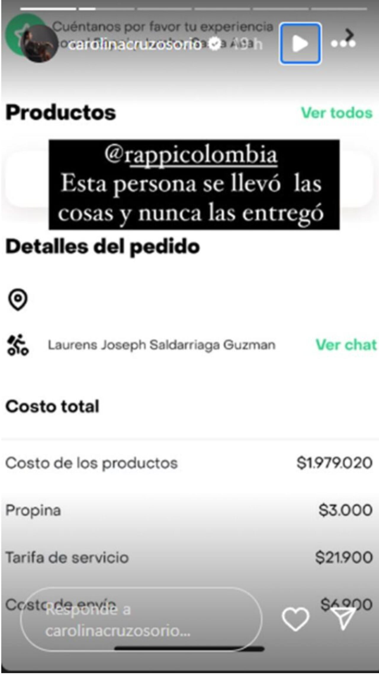 Carolina Cruz denunció robo a través de app de domicilios