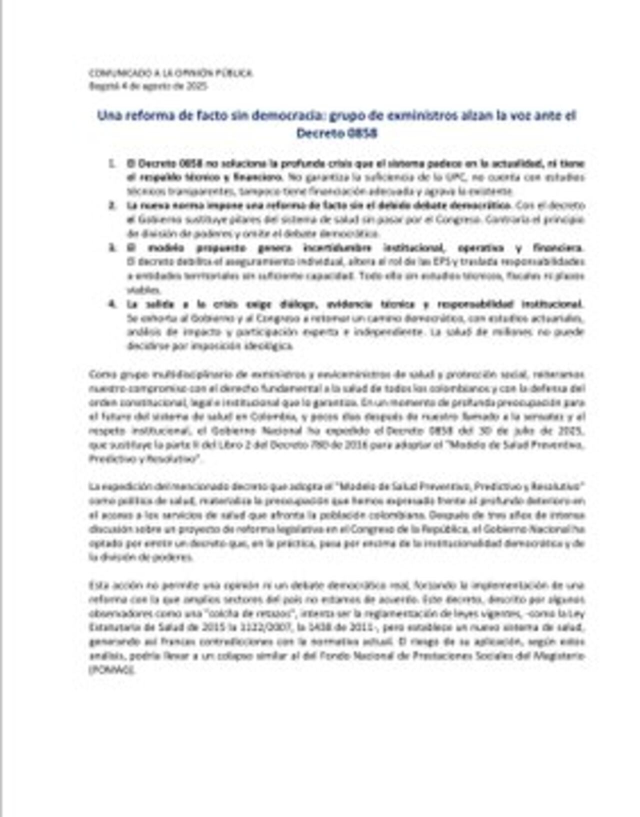 Comunicado exministros de Salud
