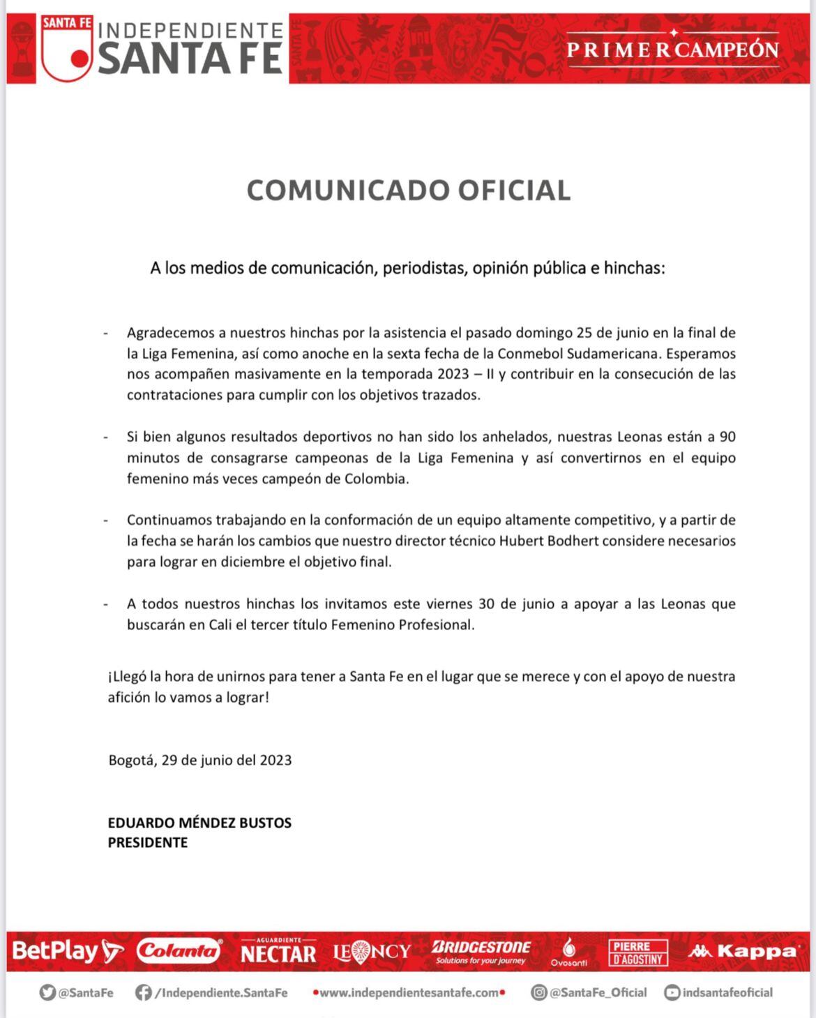 Comunicado oficial emitido por Independiente Santa Fe.