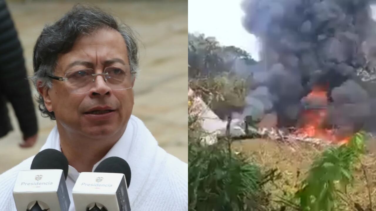 Presidente Gustavo Petro y una imagen del accidente de la aeronave de la FAC.