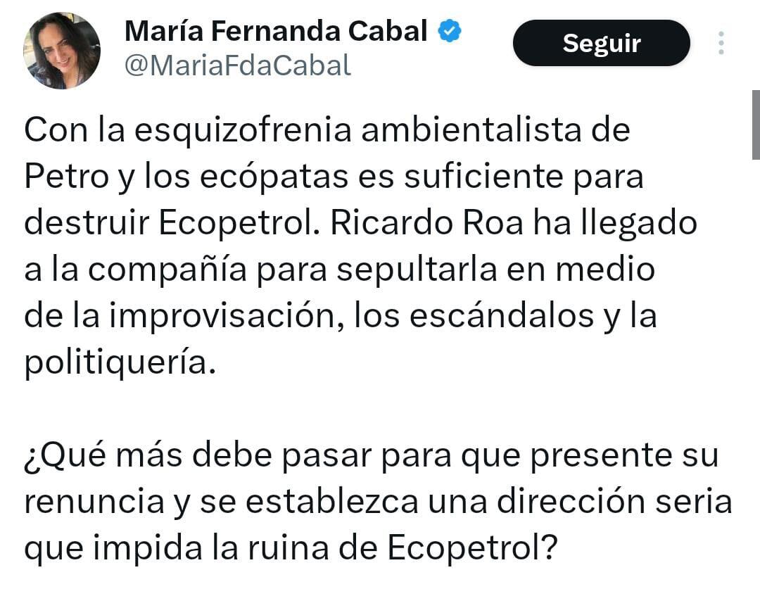 Crítica de Cabal a Petro por situación de Ecopetrol