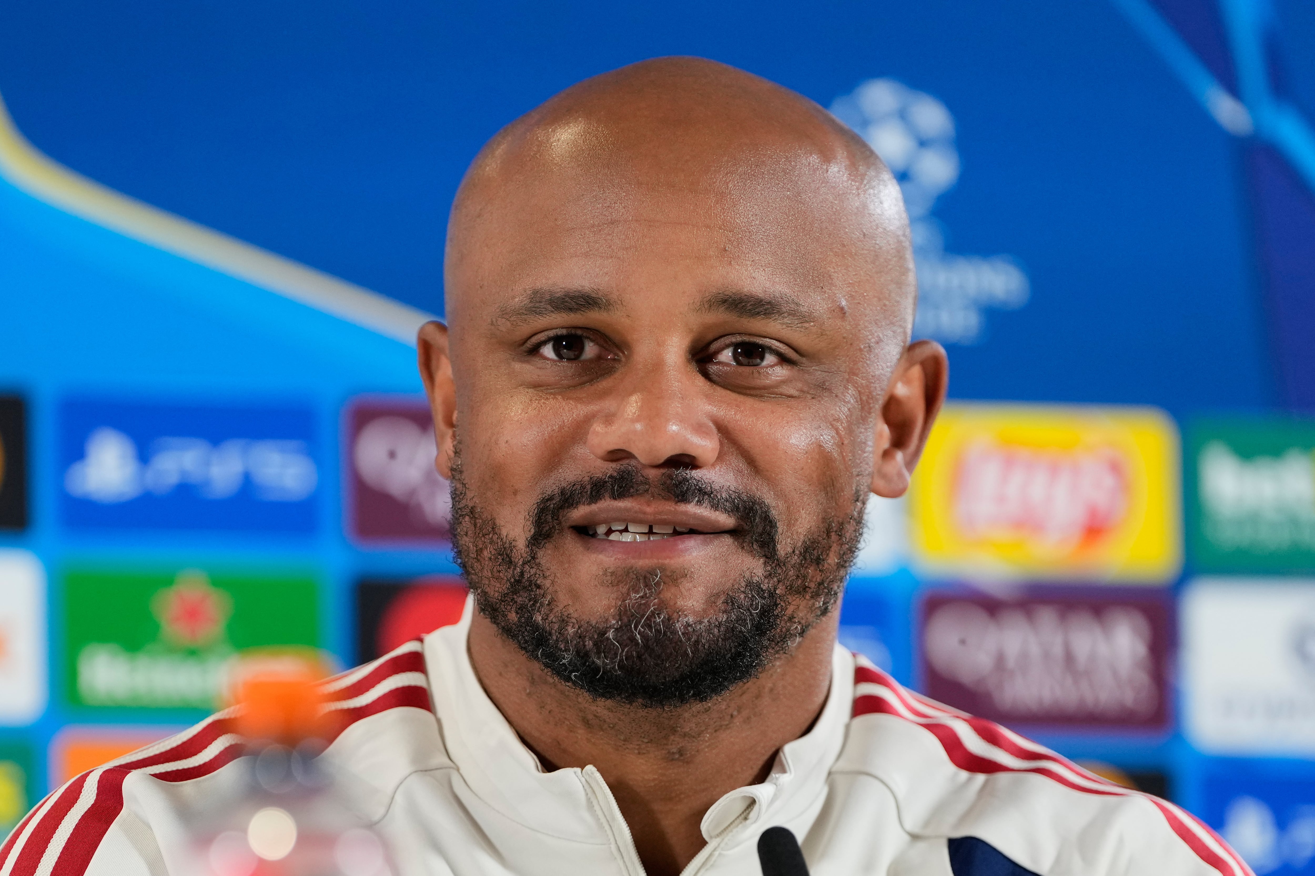 Munich's coach Vincent Kompany attends a press conference in Munich, Germany, Tuesday, May 5, 2026, ahead of the Champions League semifinal second leg soccer match between FC Bayern and PSG. (AP Photo/Matthias Schrader)