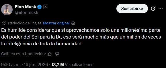 Musk considera que el potencial energético del Sol podría multiplicar la inteligencia artificial a niveles extraordinarios.