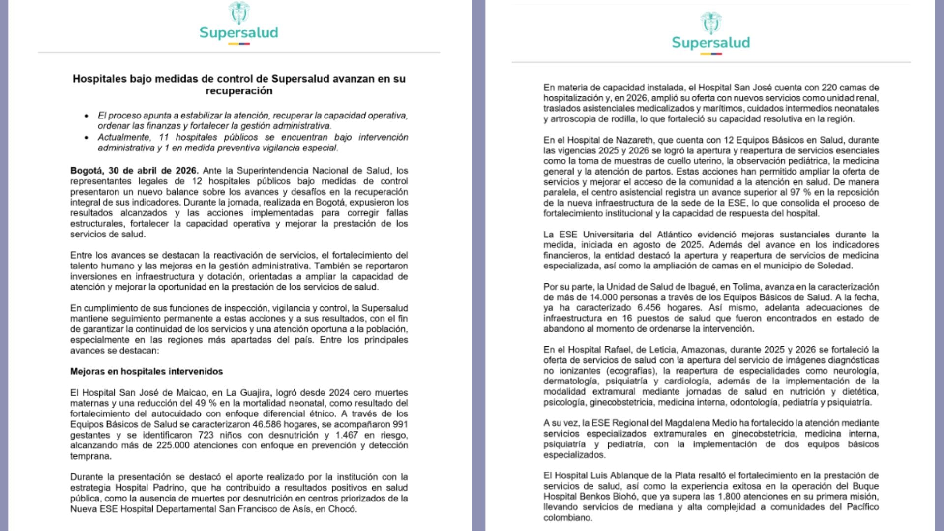 Imagen correspondiente al comunicado oficial de la Superintendencia Nacional de Salud sobre los avances en hospitales bajo medidas de control.