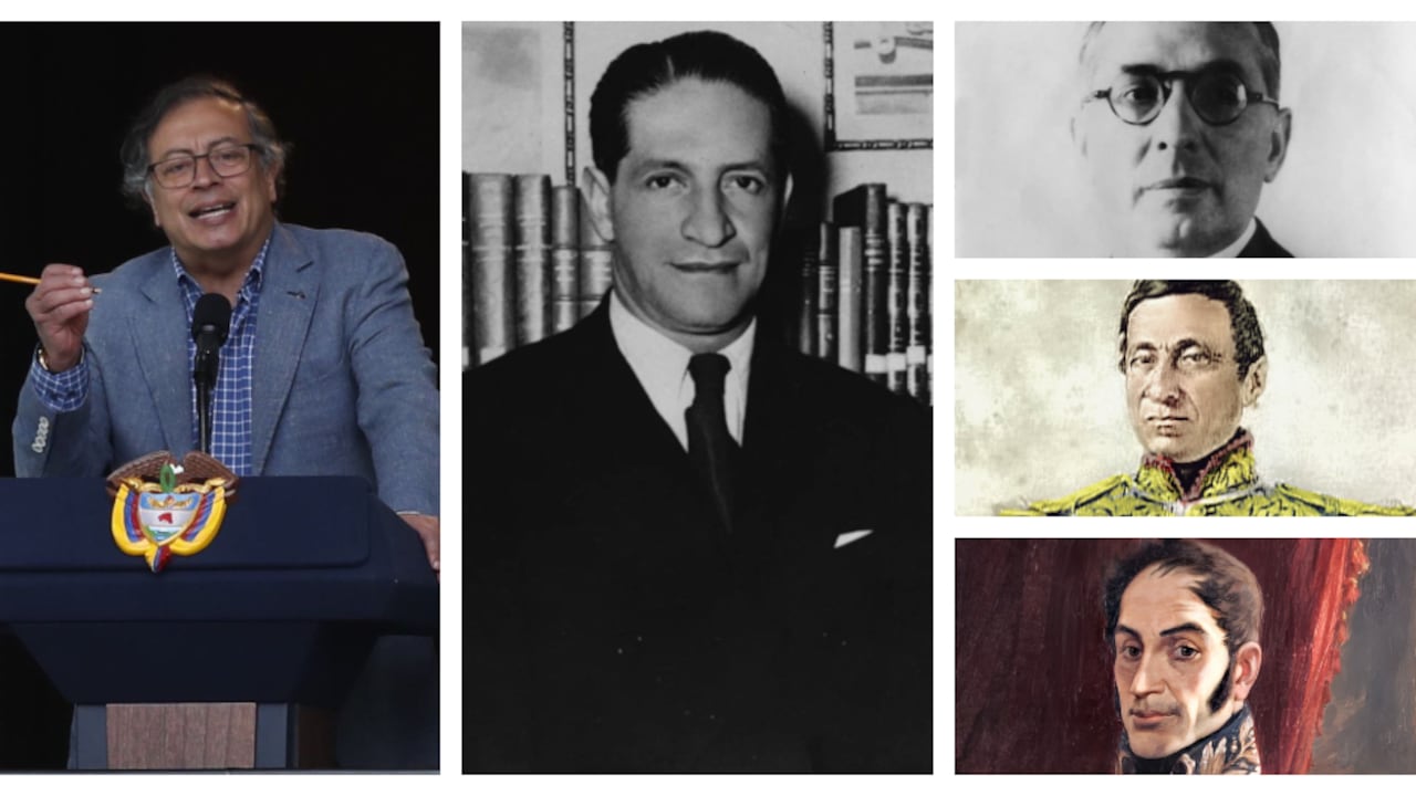 De izquierda a derecha: Gustavo Petro, Jorge Eliécer Gaitán, Alfonso López Pumarejo, José María Melo y Simón Bolívar