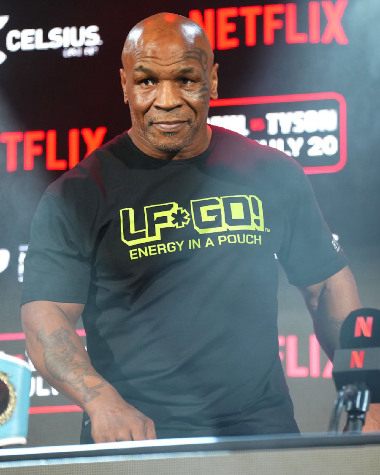 ARLINGTON, TEXAS - MAY 16: Mike Tyson speaks onstage during the Jake Paul vs. Mike Tyson Boxing match Arlington press conference at Texas Live! on May 16, 2024 in Arlington, Texas. (Photo by Cooper Neill/Getty Images for Netflix)