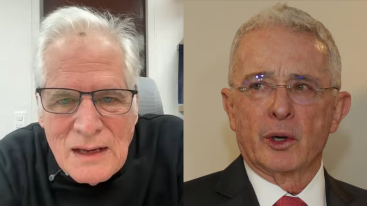 De izquierda a derecha: Miguel Uribe Londoño y Álvaro Uribe.
