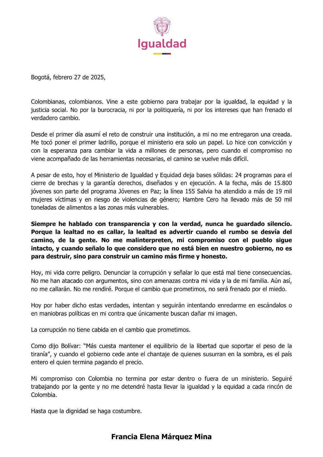 Carta Francia Márquez