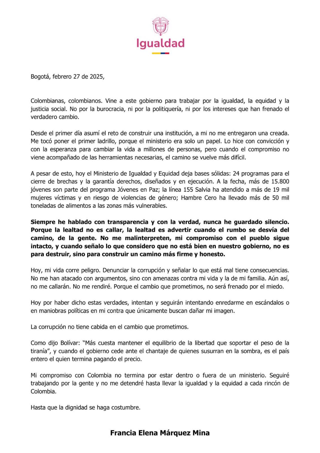 Carta Francia Márquez