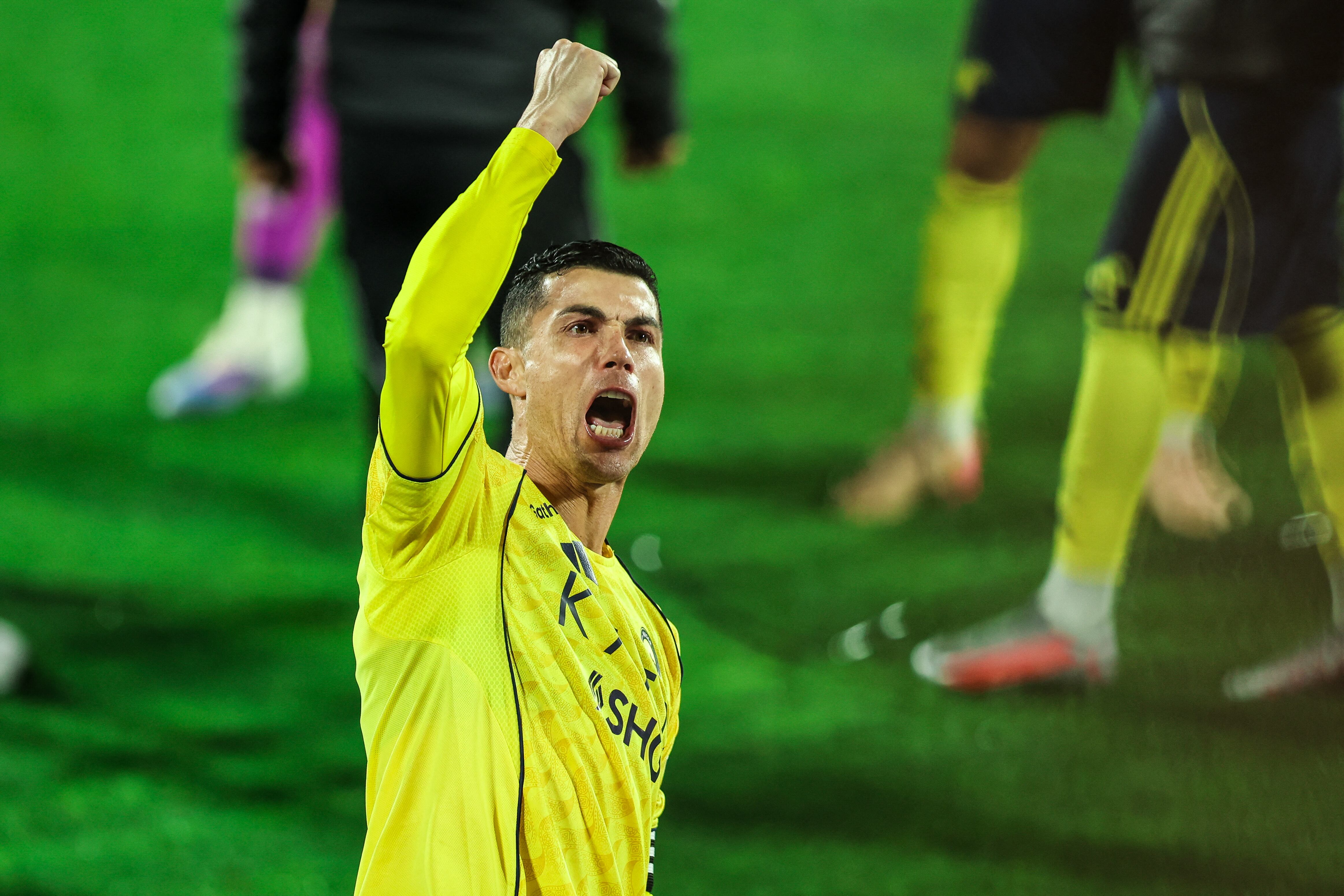 ABHA, SAUDI ARABIA - JANUARY 21: Cristiano Ronaldo of Al Nassr celebrates after winning the Saudi pro league match between Damac and Al Nassr at Prince Sultan Bin Abdulaziz Sport City on January 21, 2026 in Abha, Saudi Arabia. (Photo by Yasser Bakhsh/Getty Images) (Photo by Yasser Bakhsh / GETTY IMAGES EUROPE / Getty Images via AFP)